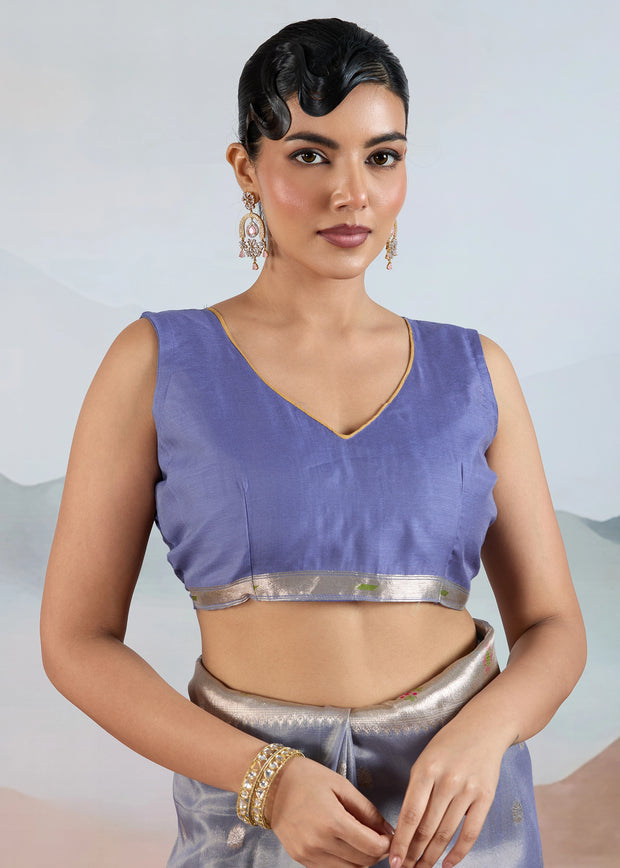 Bluish Grey Woven Banarasi Tissue Silk Saree