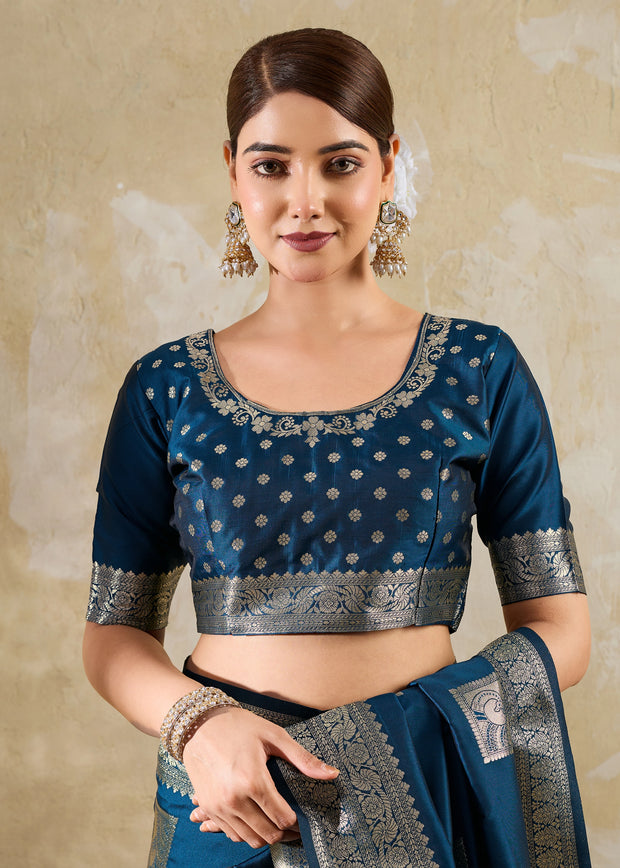 Coral Blue Woven Banarasi Silk Saree