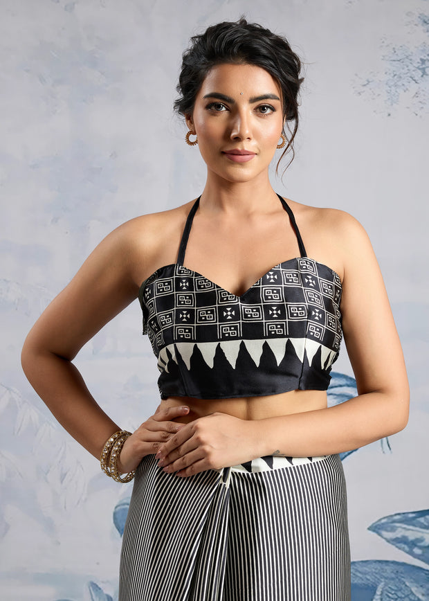 Black And White Printed Satin Silk Saree