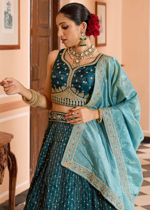 Coral Blue Tissue Silk Embroidered Lehenga