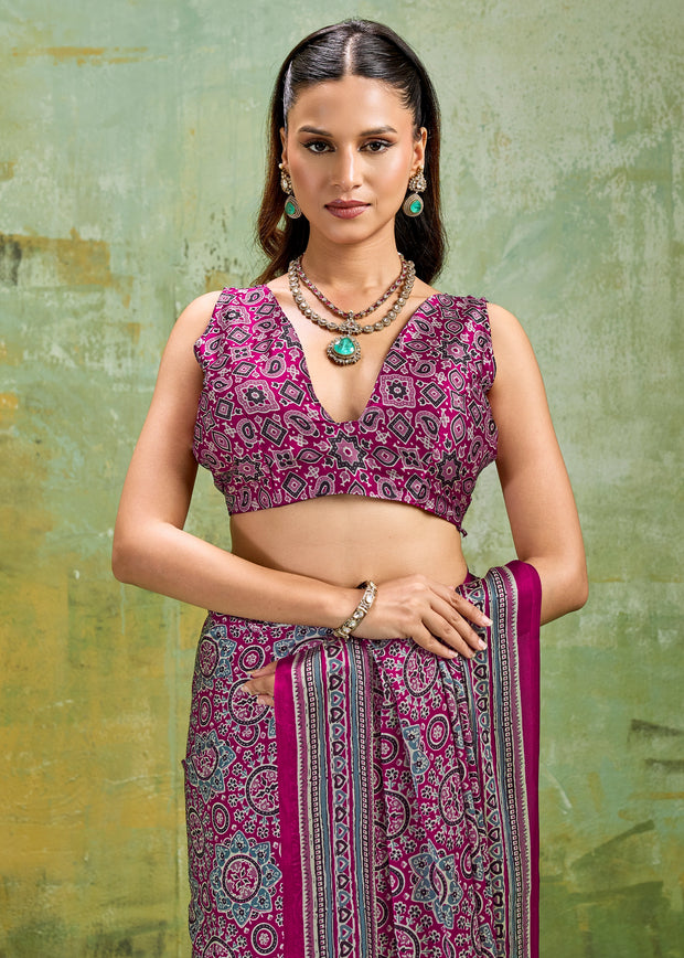 Plum Purple Printed Satin Silk Saree