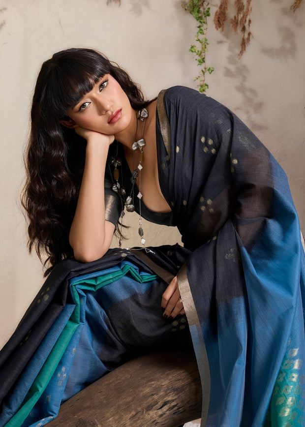 Blue Woven Cotton Silk Saree