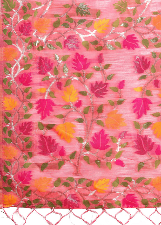 Peach Pink Woven Linen Cotton Silk Saree