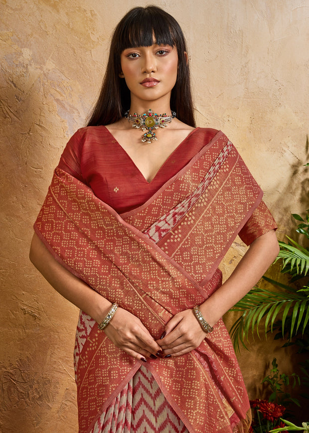 Earth Red Printed Patola Silk Saree