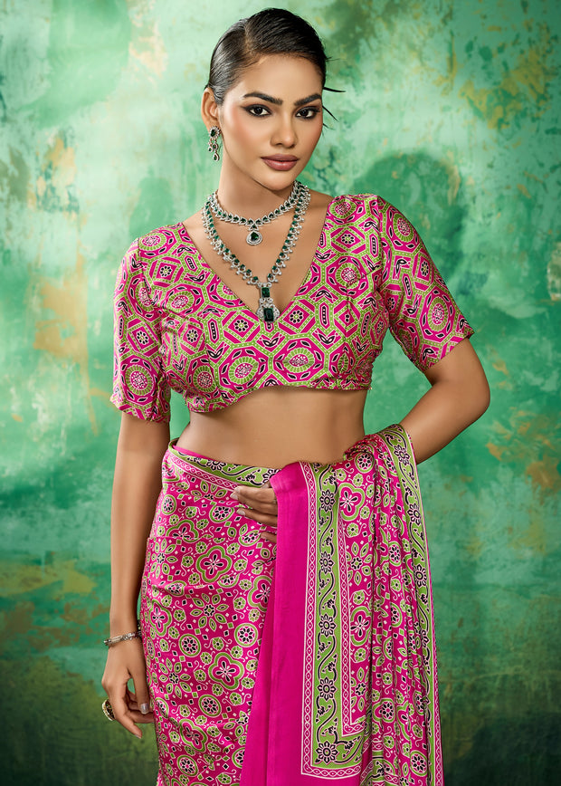 Pink Printed Satin Silk Saree