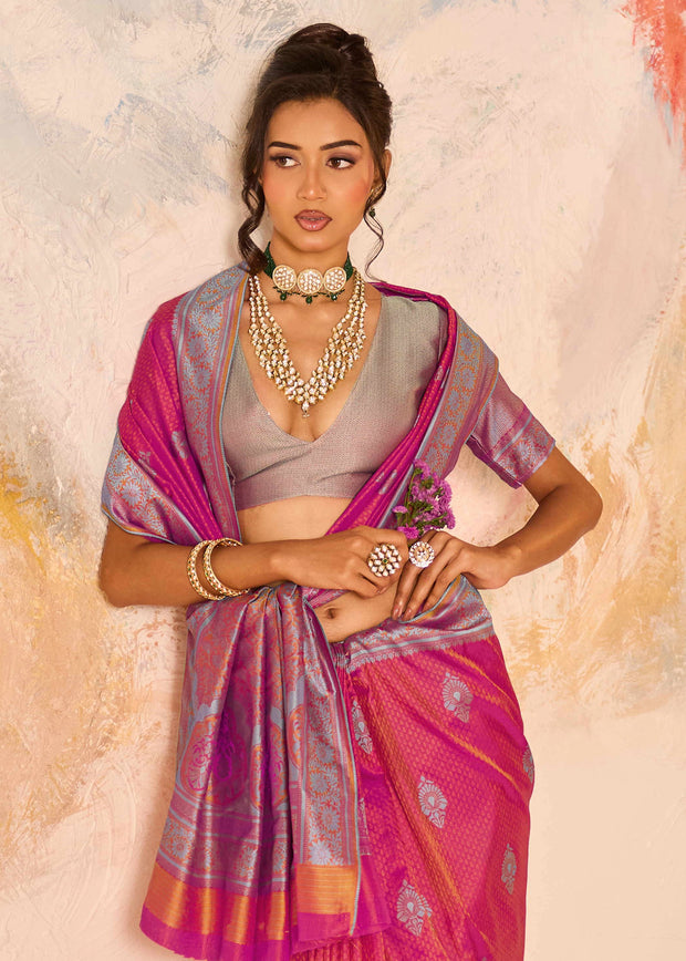 Flamingo Pink Woven Kanjivaram Silk Saree