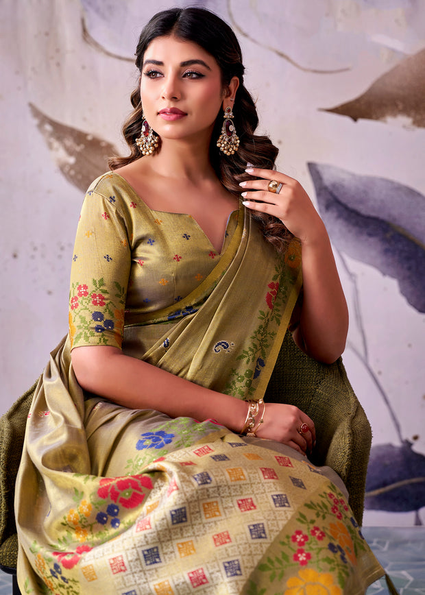 Olive Green Woven Tissue Silk Saree