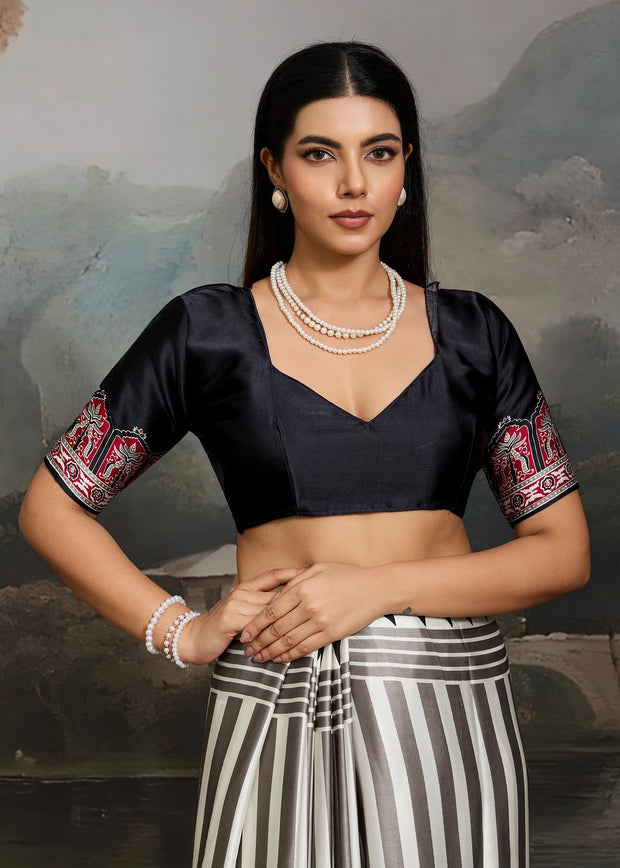 Black And White Printed Satin Silk Saree
