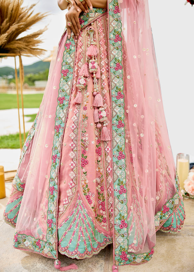 Elegant Pink Tissue Embroidered Wedding Lehenga