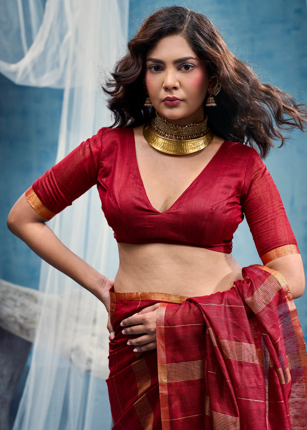 Red Woven Munga Cotton Saree