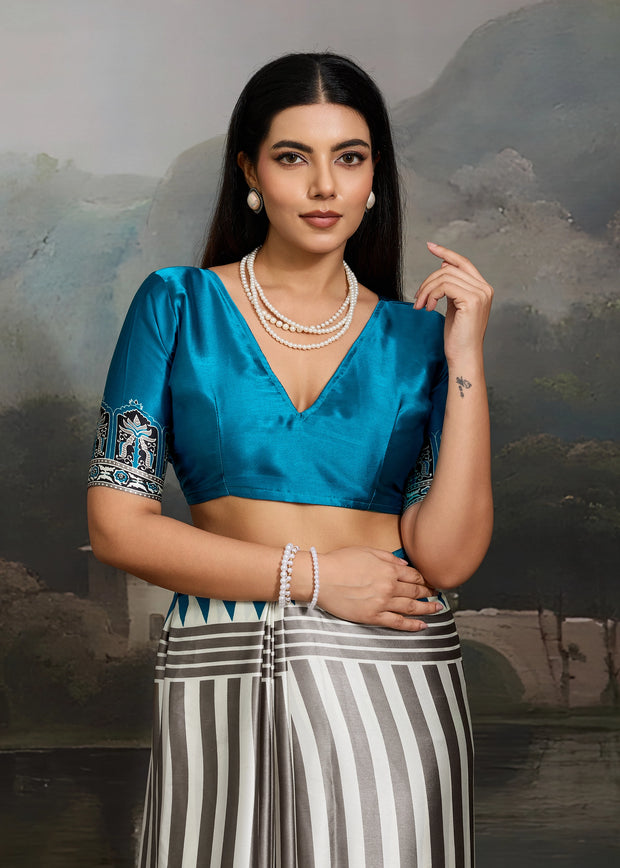 Ocean Blue And White  Printed Satin Silk Saree