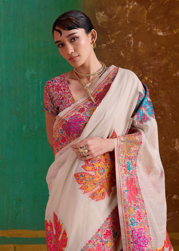 Desert White Woven Cotton Kashmiri Jamewar Saree