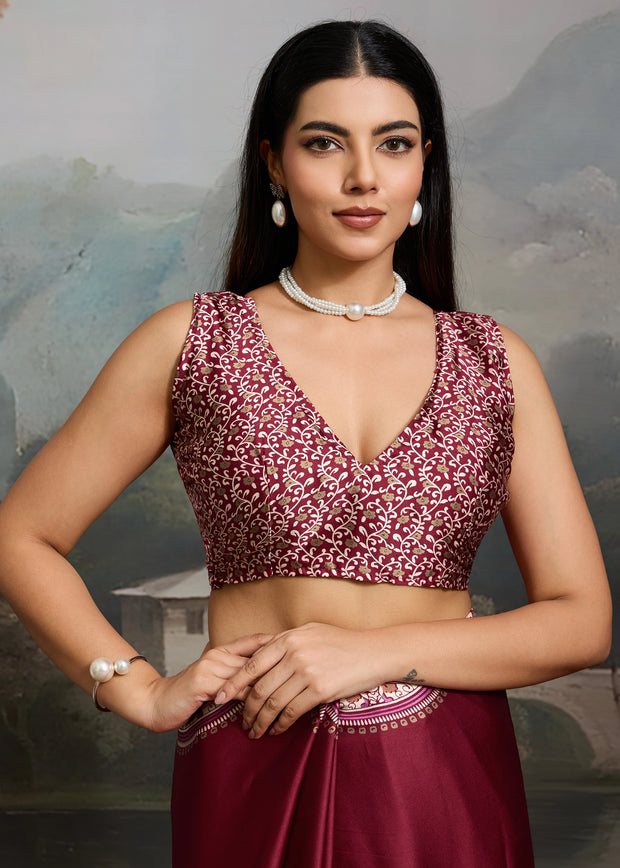 Beet Red Printed Satin Silk Saree