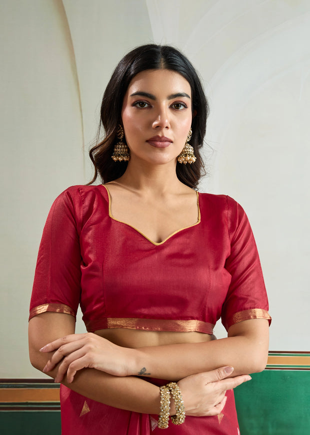 Flame Red Woven Tussar Silk Saree