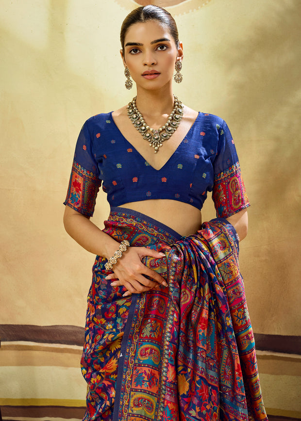 Navy Blue Woven Cotton Kashmiri Jamewar Saree