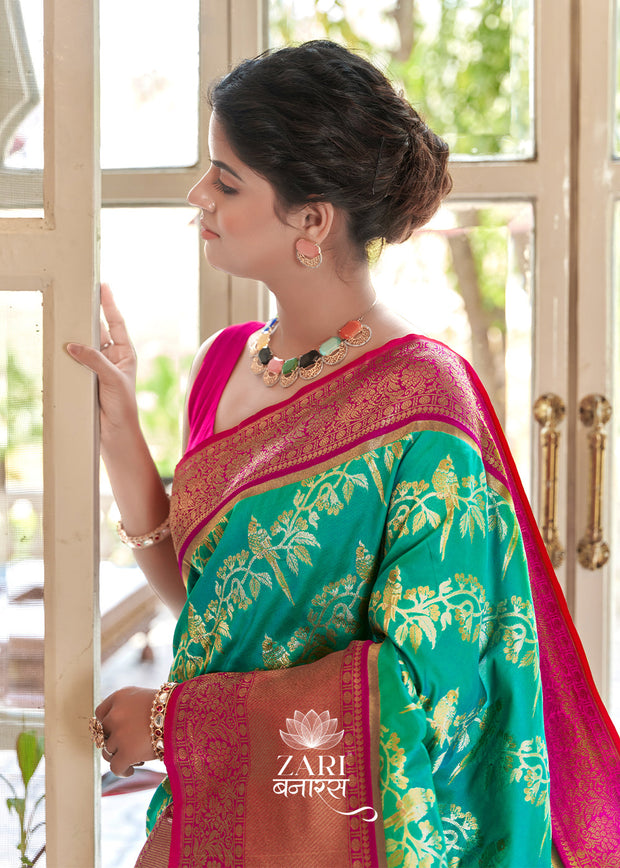 Mayuri: Kanjivaram Leheriya Saree Featuring Majestic Peacocks In Shades of Blue and Red (7659176034497) (7704220139713)