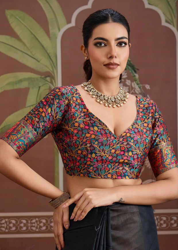 Pirate Black Woven Cotton Kashmiri Jamewar Saree