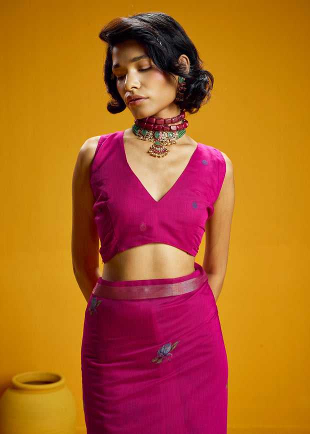 Fuchsia Pink Woven Munga Cotton Silk Saree