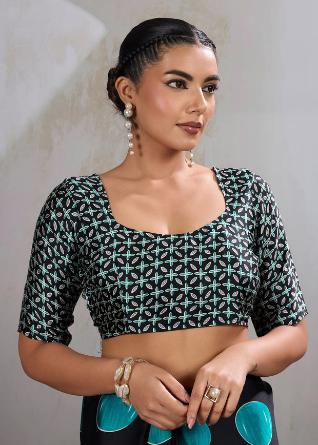 Teal Blue Printed Satin Silk Saree