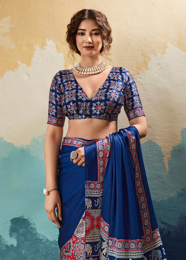 Nautical Blue Printed Satin Silk Saree