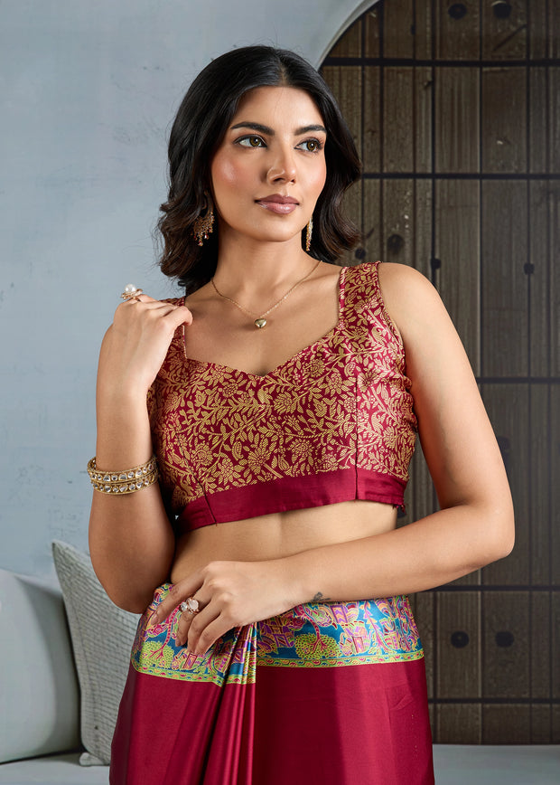 Maroon Printed Satin Silk Saree