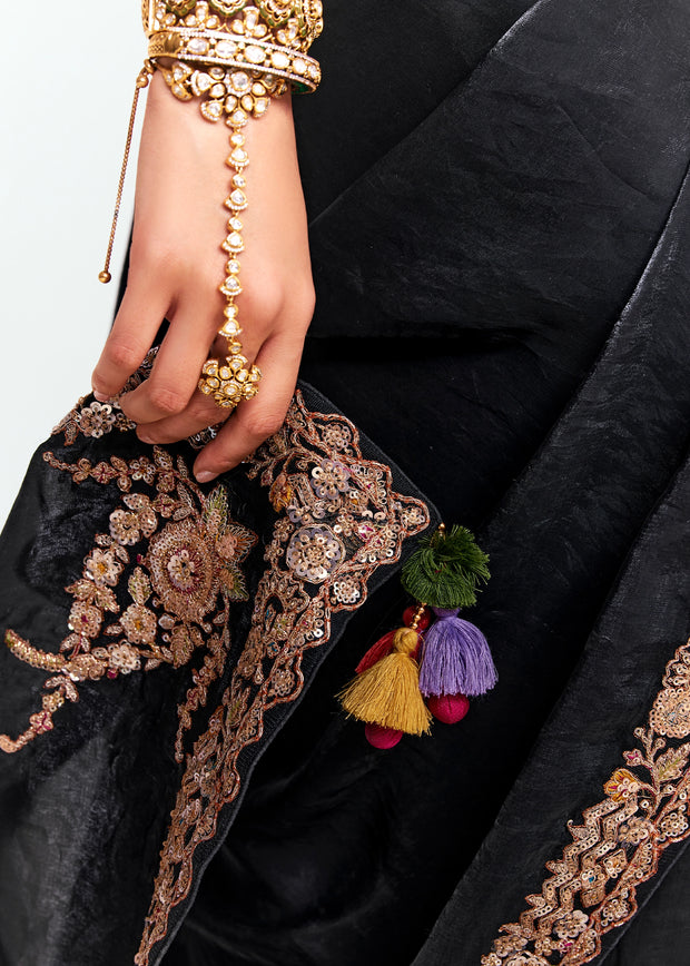Jet Black Designer Embroidered Tissue Saree