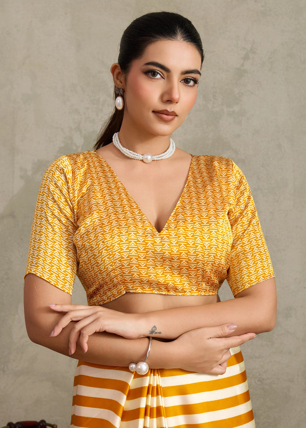 Bright Yellow Printed Satin Silk Saree