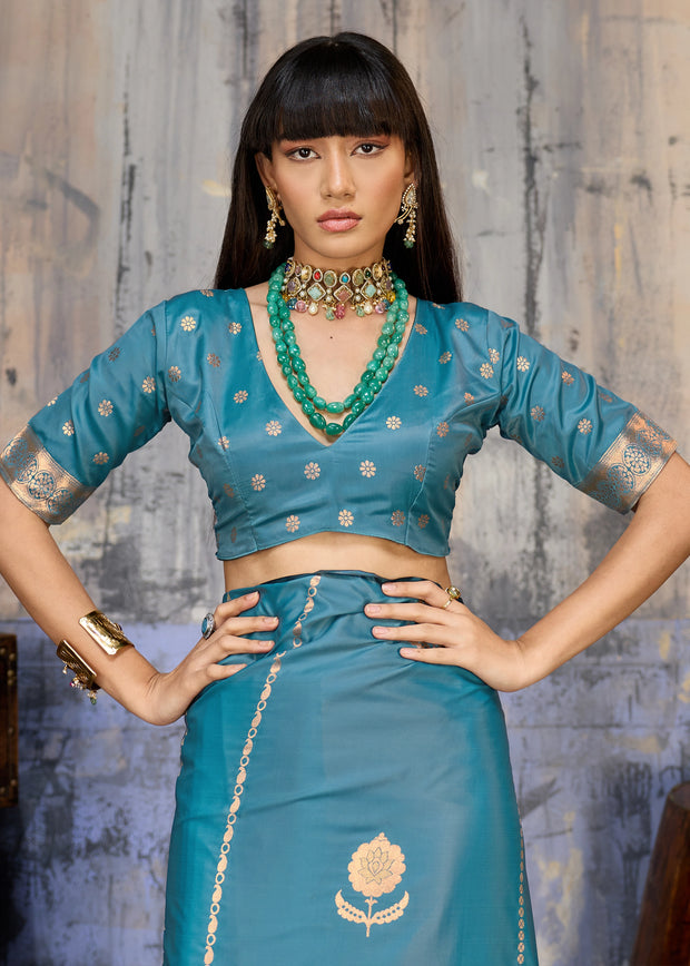 River Blue Woven Banarasi Satin Silk Saree