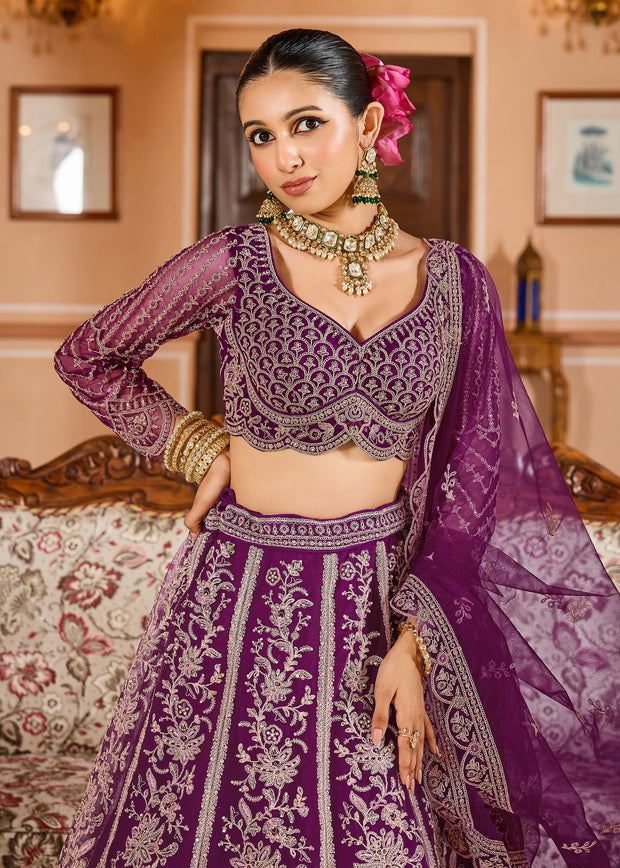 Regal Violet Embroidered Net Lehenga