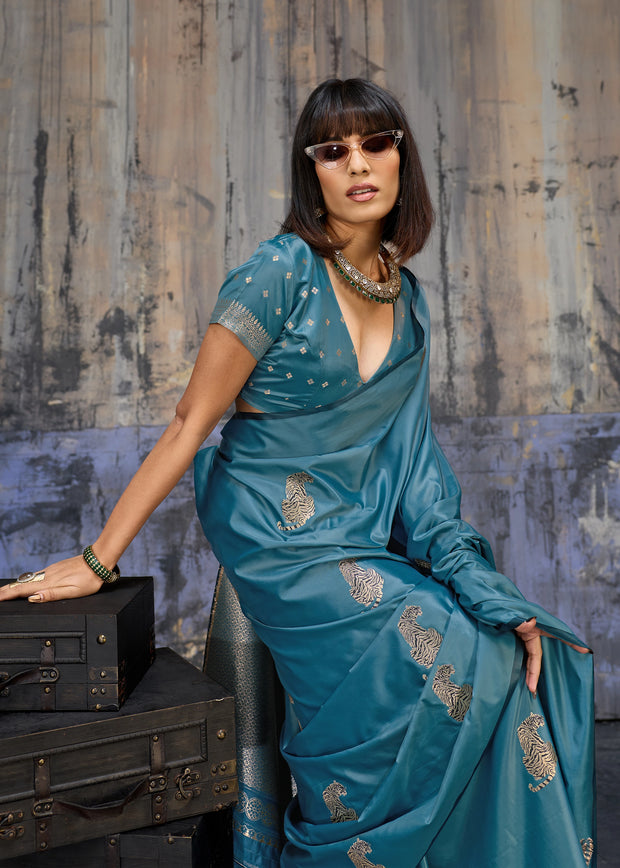Dusky Blue Woven Banarasi Satin Silk Saree