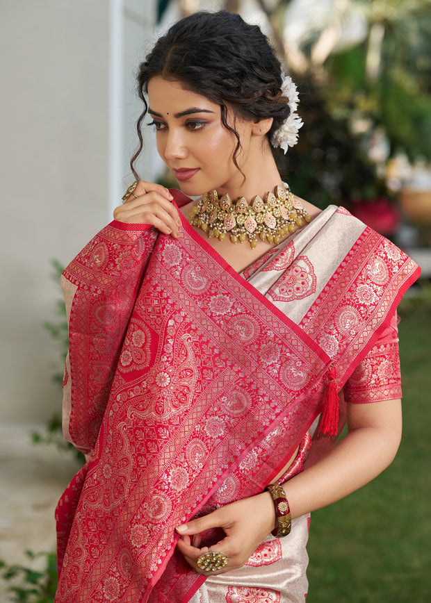 Raspberry Pink Woven Banarasi Silk Saree
