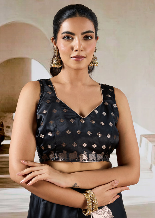 Jet Black Banarasi Satin Silk Saree