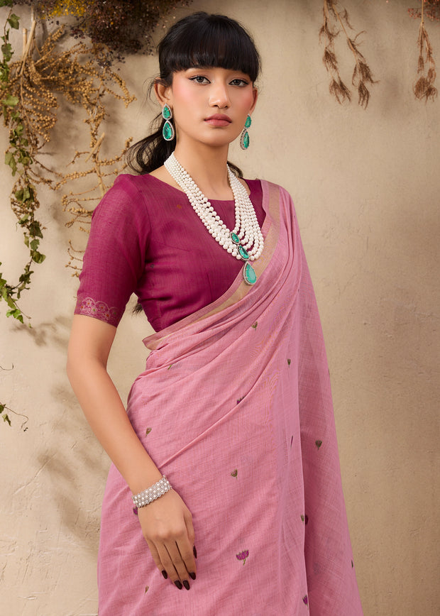 Dusky Pink Woven Cotton Silk Saree