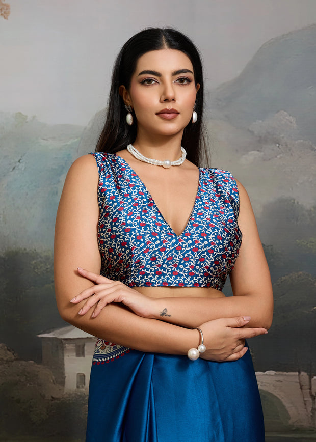 Dazzaling Blue Printed Satin Silk Saree