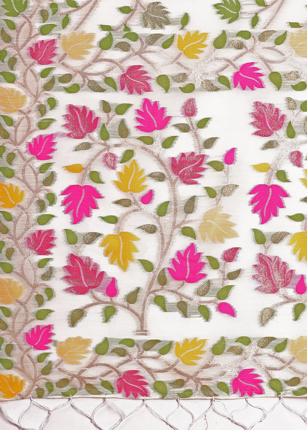 Moon White Woven Linen Cotton Silk Saree