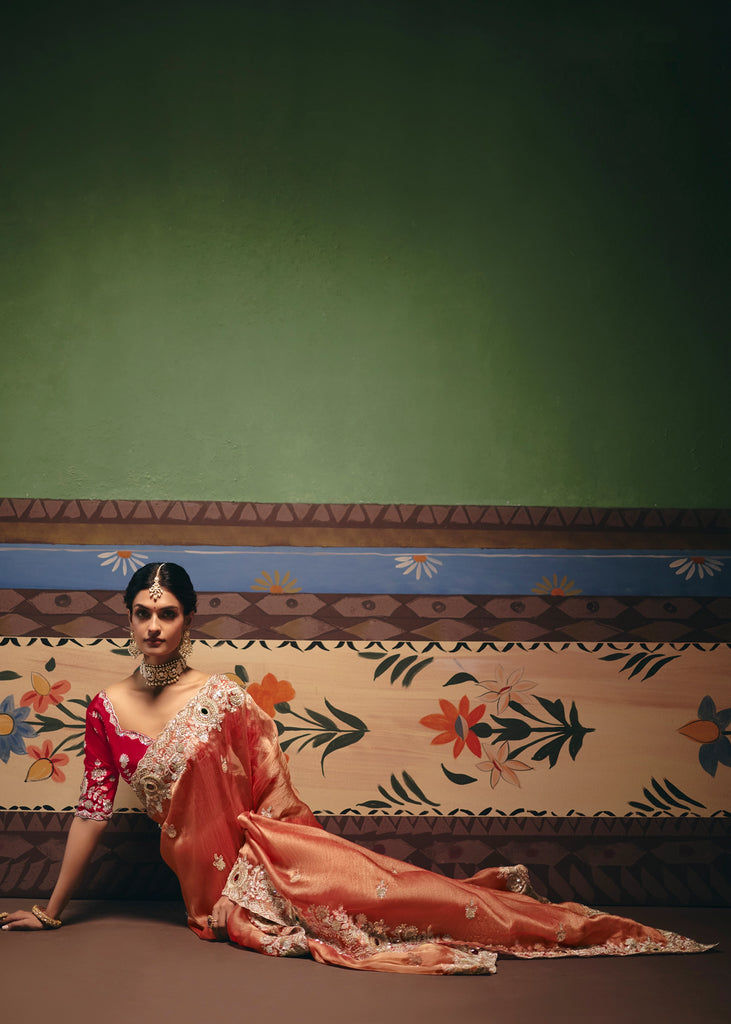 Rust Orange Embroidered Designer Saree