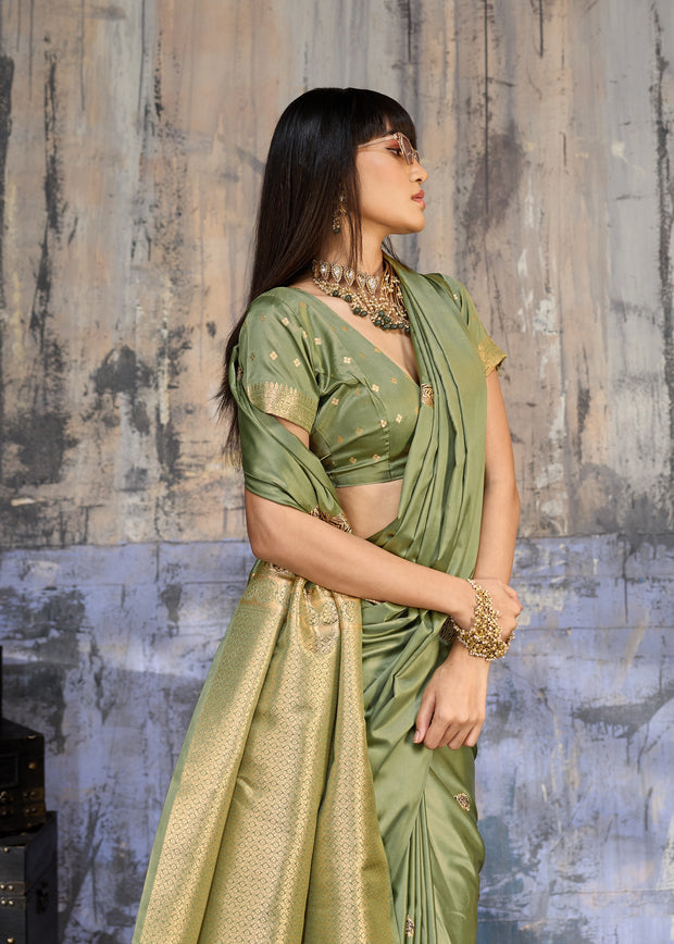 Olive Green Woven Banarasi Satin Silk Saree