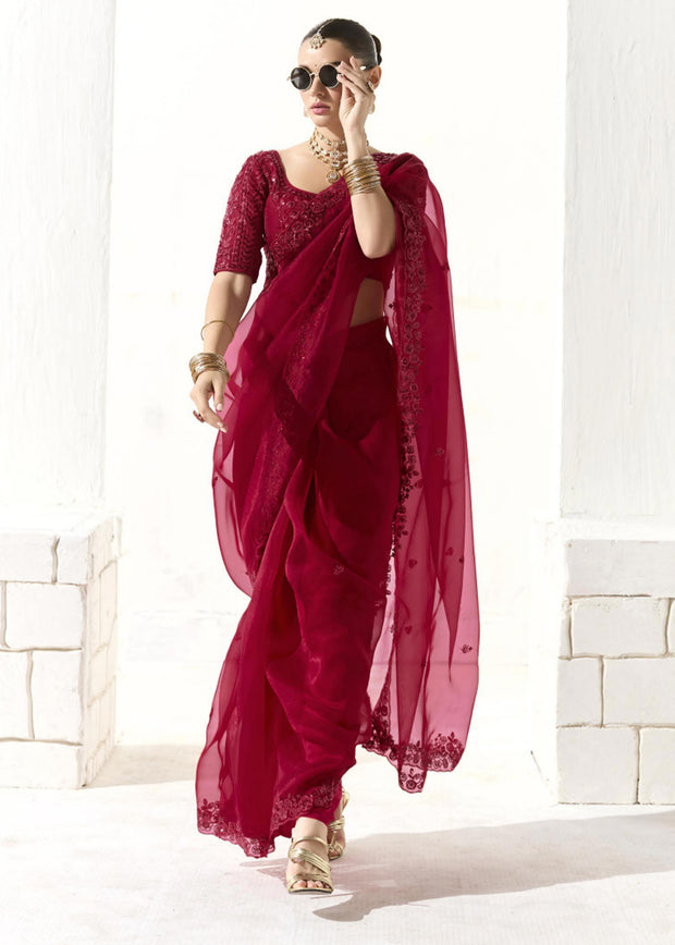 Beet Red Designer Organza Tissue Silk Saree