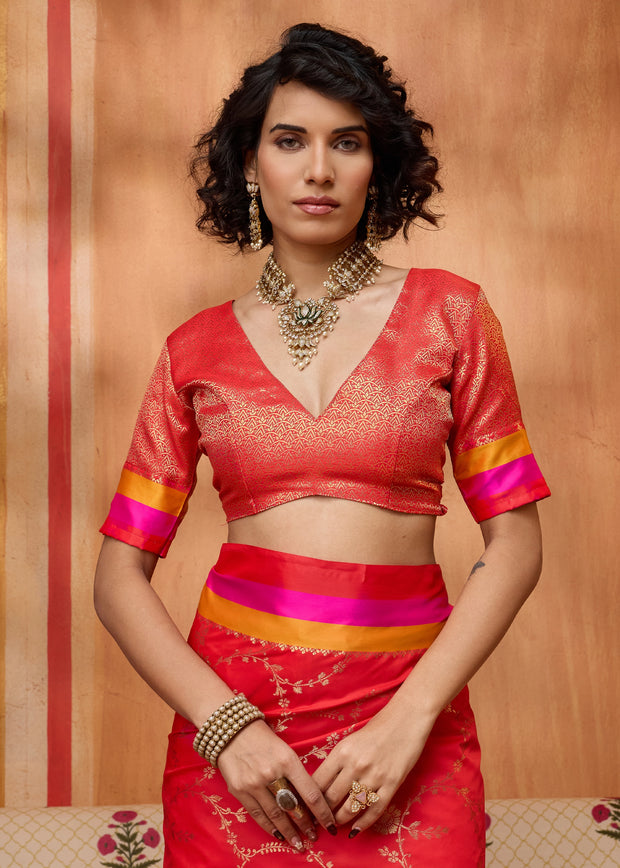 Cherry Red Woven Banarasi Silk Saree