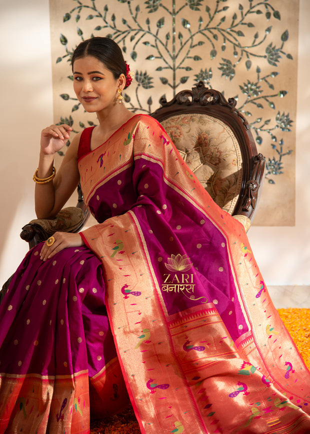 Dance of Peacocks: Katan Silk Paithani Saree with Festive Border in the Shades of Purple