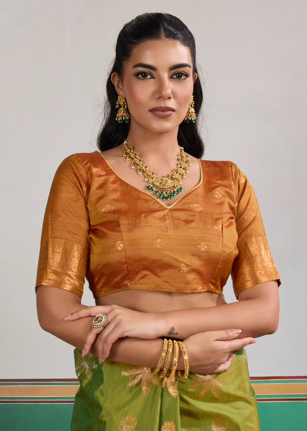 Kiwi Green Woven Tussar Silk Saree