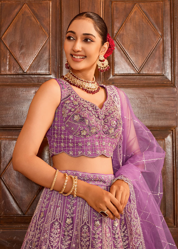 Lilac Purple Embroidered Net Lehenga