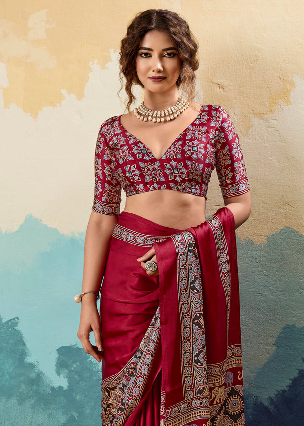 Maroon Printed Satin Silk Saree