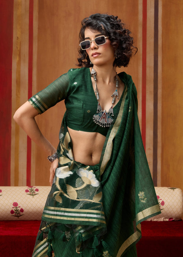 Forest Green Woven Cotton Silk Saree