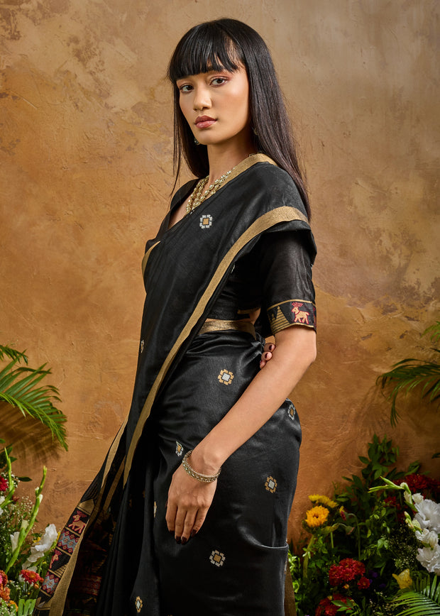Midnight Black Woven Banarasi Silk Saree