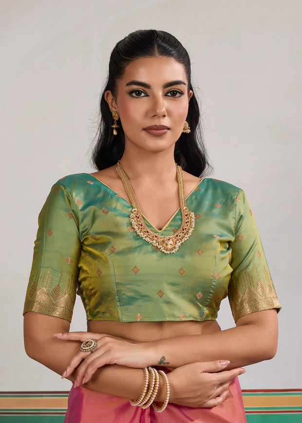 Rust Orange Woven Silk Saree With Contrast Blouse
