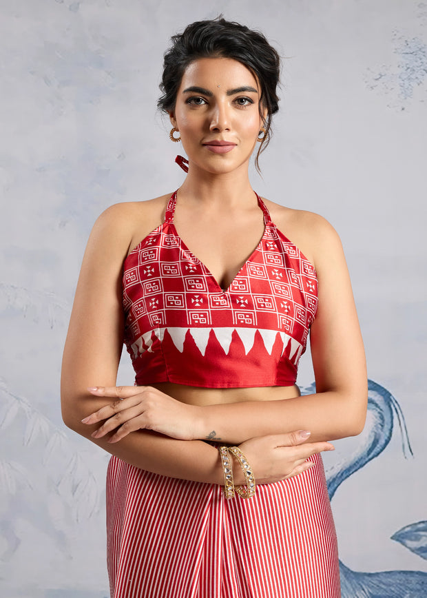 Cherry Red Printed Satin Silk Saree