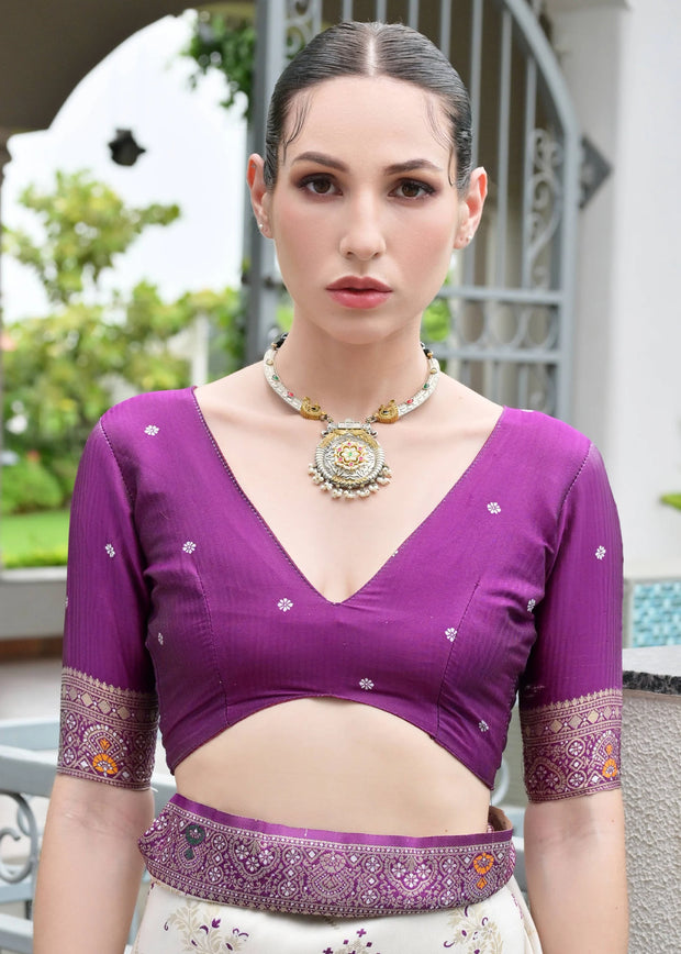 White & Purple Woven Banarasi Patola Silk Saree