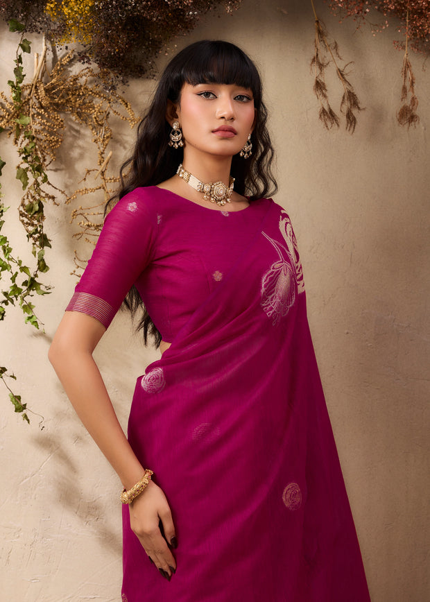 Magenta Pink Woven Soft Silk Saree