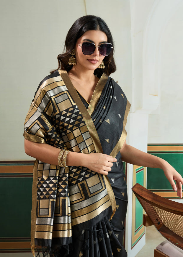 Phantom Black Woven Tussar Silk Saree